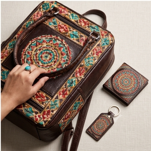 Handcrafted Mandala Art Leather Tote Bag