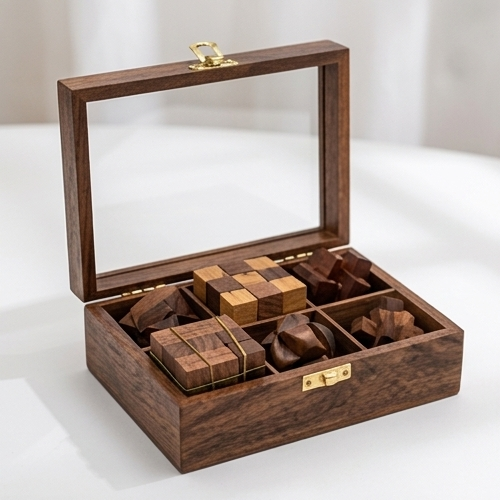 Handcrafted Wooden Tea Box with Glass Lid & Multiple Compartments