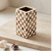 Checkered Wood & Mother-of-Pearl Pen Holder