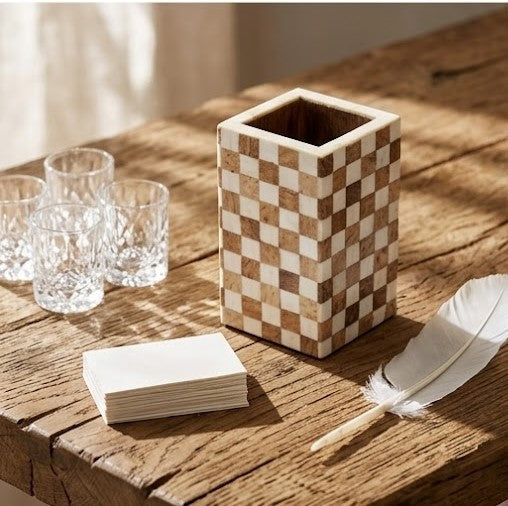 Checkered Wood & Mother-of-Pearl Pen Holder