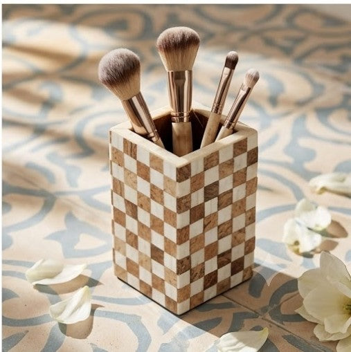 Checkered Wood & Mother-of-Pearl Pen Holder
