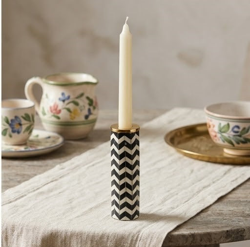 Chevron Marble & Brass Candle Stand (Tall Pillar)