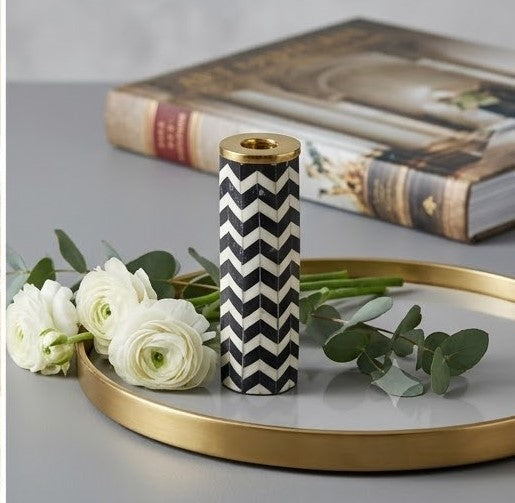 Chevron Marble & Brass Candle Stand (Tall Pillar)