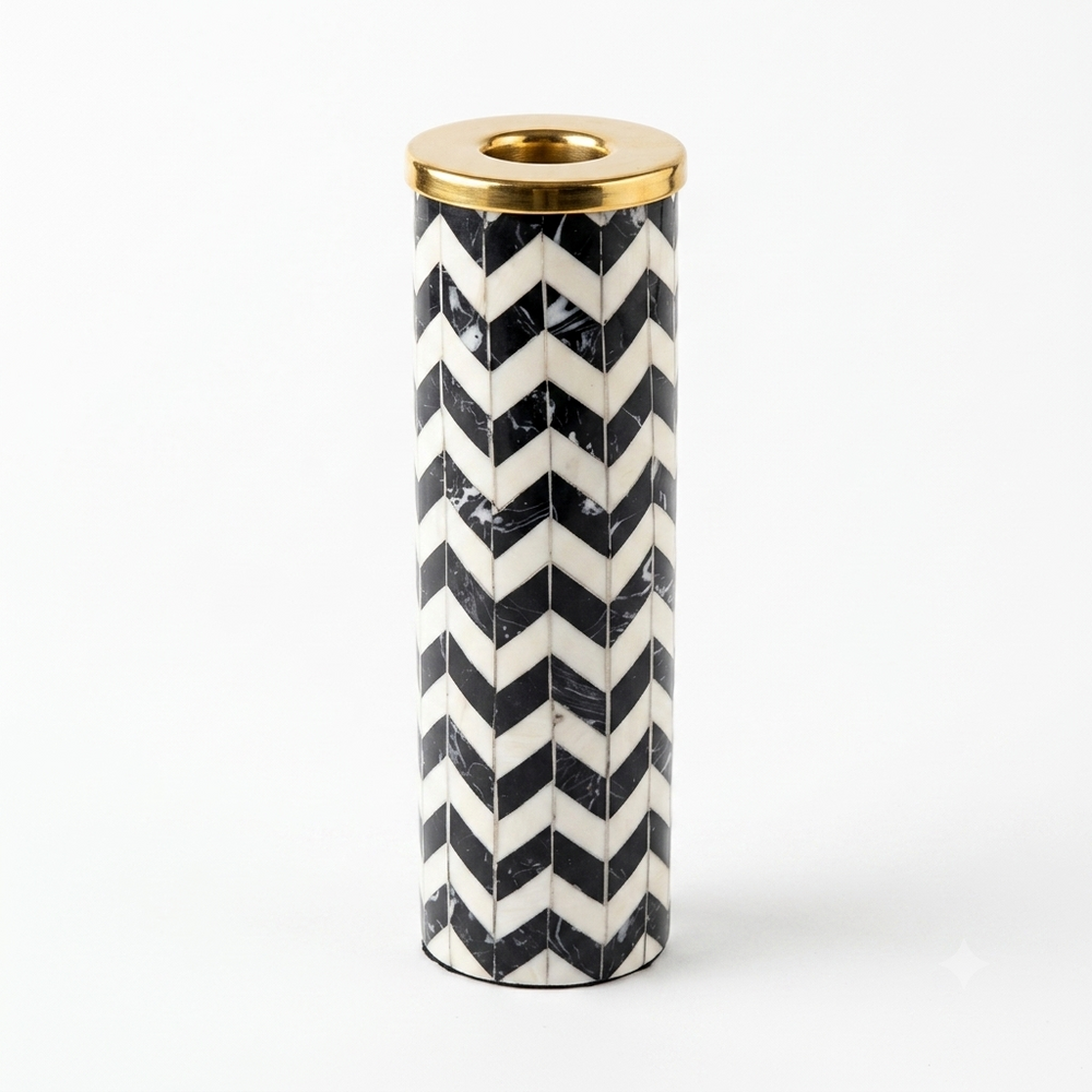 Chevron Marble & Brass Candle Stand (Tall Pillar)