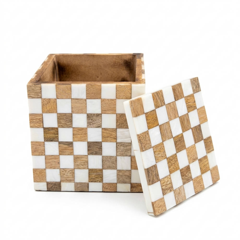 Checkered Wood & Marble Inlay Storage Box with Lid