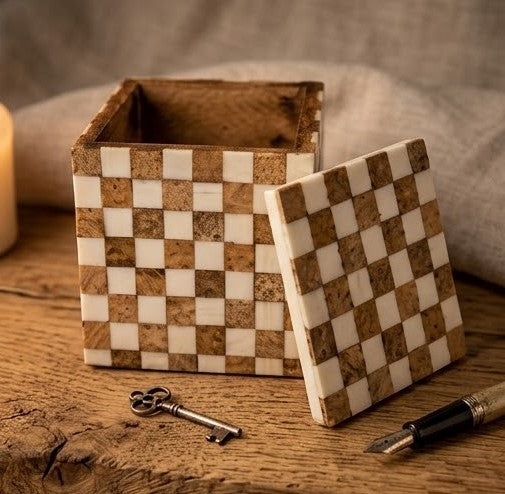 Checkered Wood & Marble Inlay Storage Box with Lid