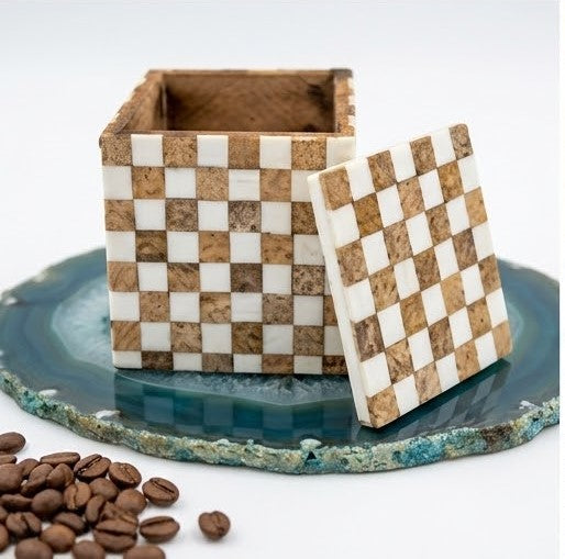 Checkered Wood & Marble Inlay Storage Box with Lid