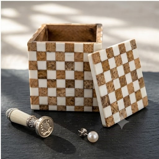 Checkered Wood & Marble Inlay Storage Box with Lid