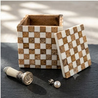 Checkered Wood & Marble Inlay Storage Box with Lid