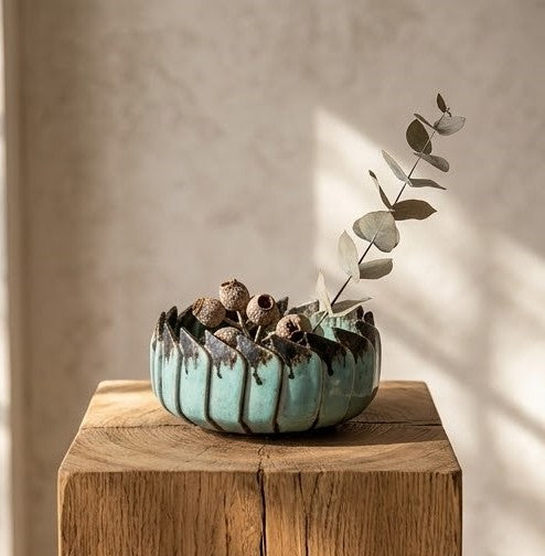 Aqua Petal Edge Handcrafted Ceramic Bowl