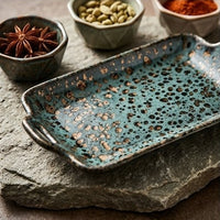 Glazed Ceramic Rectangular Serving Tray with Handles
