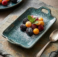 Glazed Ceramic Rectangular Serving Tray with Handles