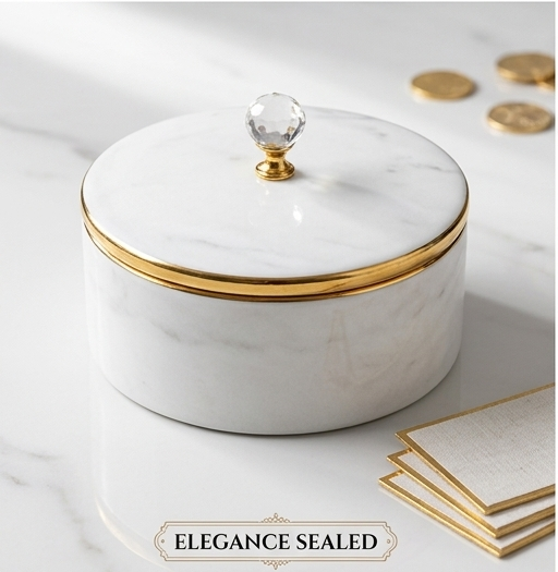 Handcrafted White Resin Decorative Storage Box with Gold Interior