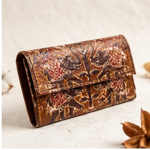 Elephant Motif Tooled Leather Wallet