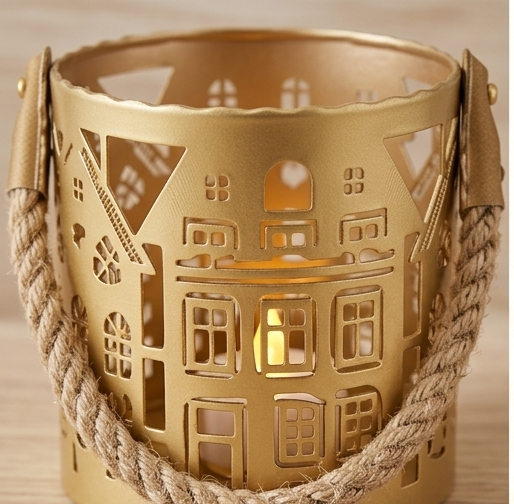 Nordic Village Gilded Laser-Cut Metal Candle Lantern with Rope Handle