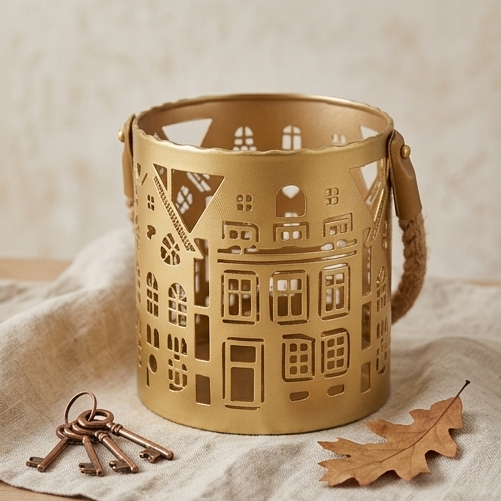 Nordic Village Gilded Laser-Cut Metal Candle Lantern with Rope Handle