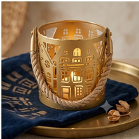 Nordic Village Gilded Laser-Cut Metal Candle Lantern with Rope Handle