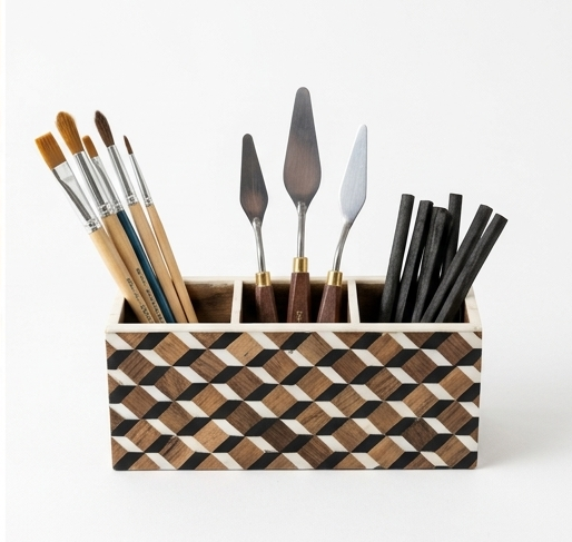 Metro Geometric Marquetry 3-Compartment Desk Organizer