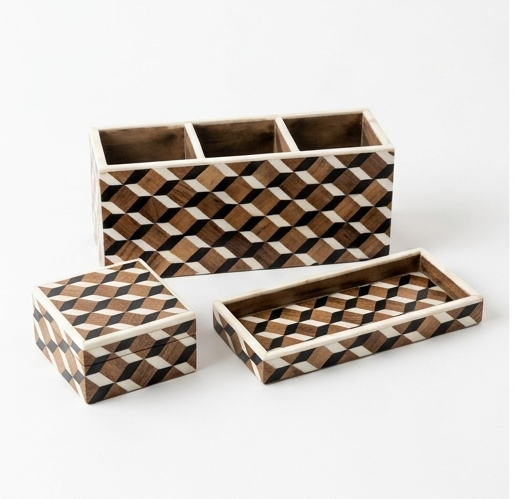 Metro Geometric Marquetry 3-Compartment Desk Organizer