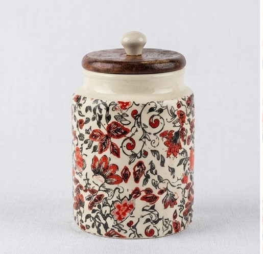 Handcrafted Floral Ceramic Storage Jar with Wooden Lid