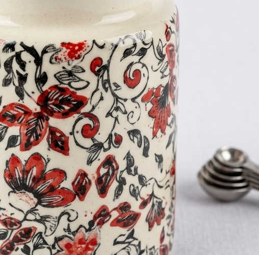 Handcrafted Floral Ceramic Storage Jar with Wooden Lid