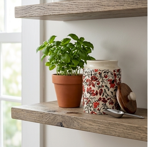 Handcrafted Floral Ceramic Storage Jar with Wooden Lid