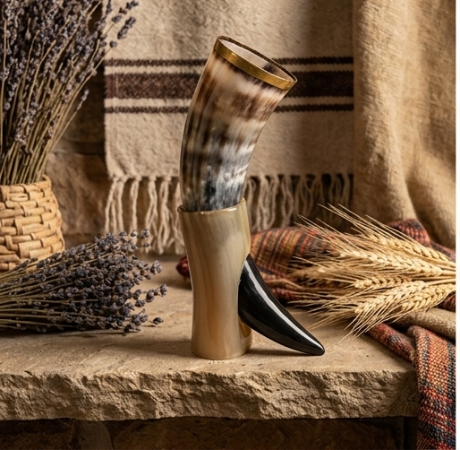 Artisan Natural Horn Drinking Vessel with Stand