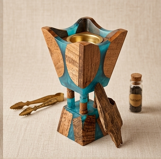 Artisanal Geometric Wood and Turquoise Resin Incense Burner