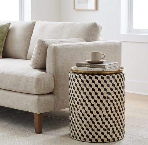 Geometric Inlay Cylindrical Side Table