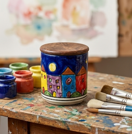 Hand-Painted Nighttime Village Ceramic Storage Jar with Wood Lid