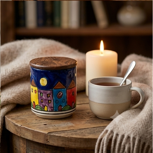 Hand-Painted Nighttime Village Ceramic Storage Jar with Wood Lid