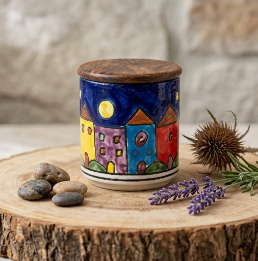 Hand-Painted Nighttime Village Ceramic Storage Jar with Wood Lid