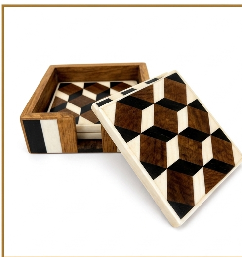 Handcrafted Wooden & Resin Geometric Serving Tray Set