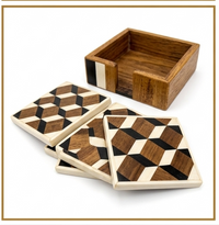 Handcrafted Wooden & Resin Geometric Serving Tray Set
