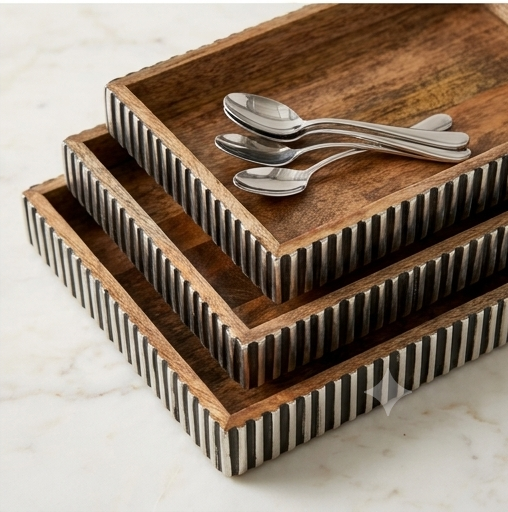 Rustic Mango Wood Vanity Tray with Fluted Bone Inlay