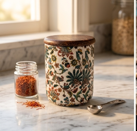 Floral Patterned Ceramic Storage Jar with Wood Lid