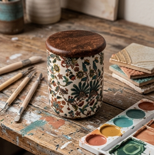 Floral Patterned Ceramic Storage Jar with Wood Lid