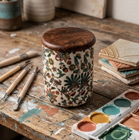Floral Patterned Ceramic Storage Jar with Wood Lid