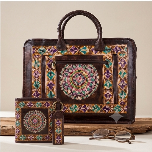 Handcrafted Mandala Leather Laptop Bag