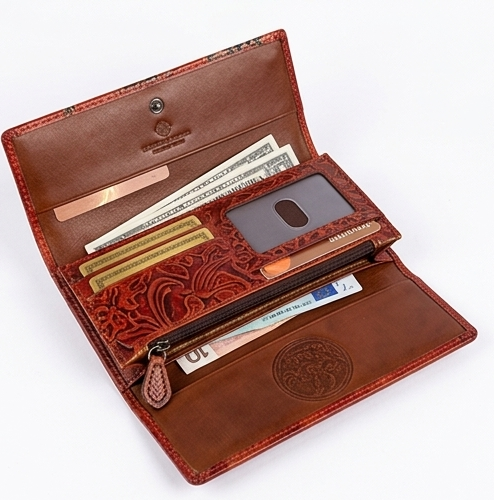 Handcrafted Camel Motif Leather Clutch Wallet