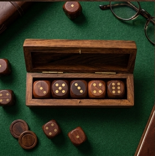 Handcrafted Wooden Dice Gift Set with Hinged Storage Box