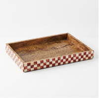 Artisan Mango Wood Tray with Red and White Checkered Inlay