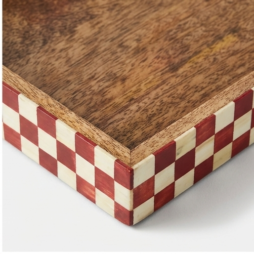 Artisan Mango Wood Tray with Red and White Checkered Inlay