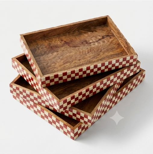 Artisan Mango Wood Tray with Red and White Checkered Inlay