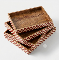 Artisan Mango Wood Tray with Red and White Checkered Inlay