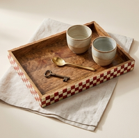 Artisan Mango Wood Tray with Red and White Checkered Inlay