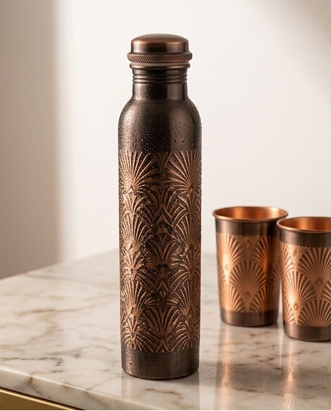 Antique Finish Engraved Pure Copper Water Bottle