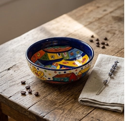Hand-Painted Multicolor Ceramic Serving Bowl – Village Art Design