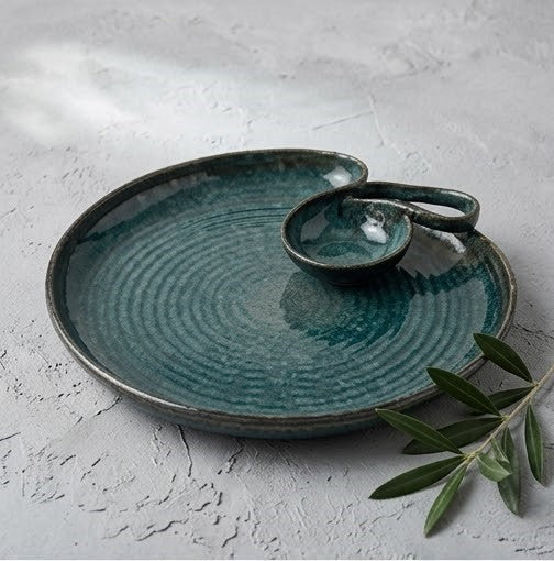 Artisan Teal Reactive Glaze Chip and Dip Serving Platter