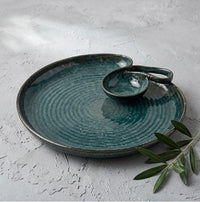 Artisan Teal Reactive Glaze Chip and Dip Serving Platter